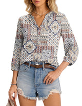 LOMON Womens Tops Dressy Summer 3/4 Length Sleeve Henley V Neck Button Down Shirts Pleated Blouses S-XXL