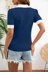 LOMON Womens Puff Short Sleeve Polo Sweater V Neck Knitted Tops Casual Ribbed Shirt Pullover Blouse