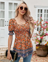 LOMON Women's Tunics Square Neck Puff Short Sleeve Smocked Top Ladies Peplum Blouse Tee Shirts 2025 Spring Summer S-XL
