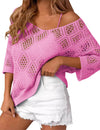LOMON Womens 3/4 Sleeve Crochet Tops Off Shoulder Hollow Out Sweater V Neck Casual Loose Fit Beach Cover Up