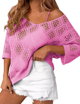 LOMON Womens 3/4 Sleeve Crochet Tops Off Shoulder Hollow Out Sweater V Neck Casual Loose Fit Beach Cover Up