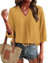 LOMON Womens 3/4 Sleeve V Neck Boho Peasant Blouses Dressy Casual Breathable Soft Tunic Tops with Button Cuffs
