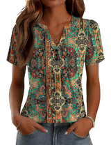 LOMON Womens Tops Dressy Casual V Neck Short Sleeve Shirts Summer Pleated Blouses Button Down Tunic Loose Fit