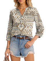 LOMON Womens Tops Dressy Summer 3/4 Length Sleeve Henley V Neck Button Down Shirts Pleated Blouses S-XXL
