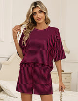LOMON Two Piece Sets for Women Summer 3/4 Sleeve Tops and Elastic Waist Shorts Pajamas Cute Comfy Soft Lounge Striped Pjs