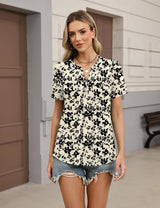 LOMON Womens Tops Dressy Casual V Neck Short Sleeve Shirts Summer Pleated Blouses Button Down Tunic Loose Fit