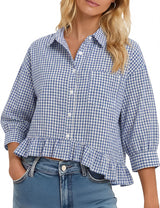 LOMON Womens 3/4 Sleeve Button Down Tops Dressy Casual Collared Shirts Blouses Ruffle Babydoll Tops Loose Fit