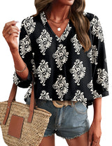 LOMON Womens 3/4 Sleeve V Neck Boho Peasant Blouses Dressy Casual Breathable Soft Tunic Tops with Button Cuffs