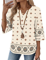 LOMON Womens 3/4 Sleeve V Neck Bohemian Blouses Casual Loose Fit Tunic Tops Vacation Clothes