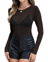 LOMON Womens Mesh Tops Lace Shirts Long Sleeve Crew Neck Sexy See Through Blouses Tee Party Club Night
