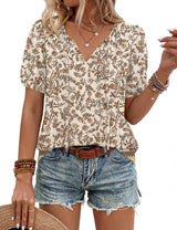 LOMON Boho Tops for Women Summer V-Neck Tie Front Peasant Blouses Casual Puff Sleeve Loose-Fit Flowy Shirts Beach Vacation