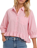 LOMON Womens 3/4 Sleeve Button Down Tops Dressy Casual Collared Shirts Blouses Ruffle Babydoll Tops Loose Fit