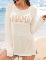 LOMON Beach Cover Up for Women Letter Print Long Sleeve Sweater Crochet Tops Shirts Casual Crewneck Split Hem Pullover