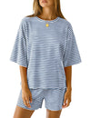 LOMON Two Piece Sets for Women Summer 3/4 Sleeve Tops and Elastic Waist Shorts Pajamas Cute Comfy Soft Lounge Striped Pjs