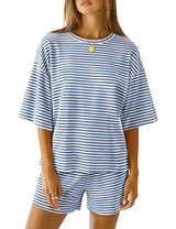 LOMON Two Piece Sets for Women Summer 3/4 Sleeve Tops and Elastic Waist Shorts Pajamas Cute Comfy Soft Lounge Striped Pjs