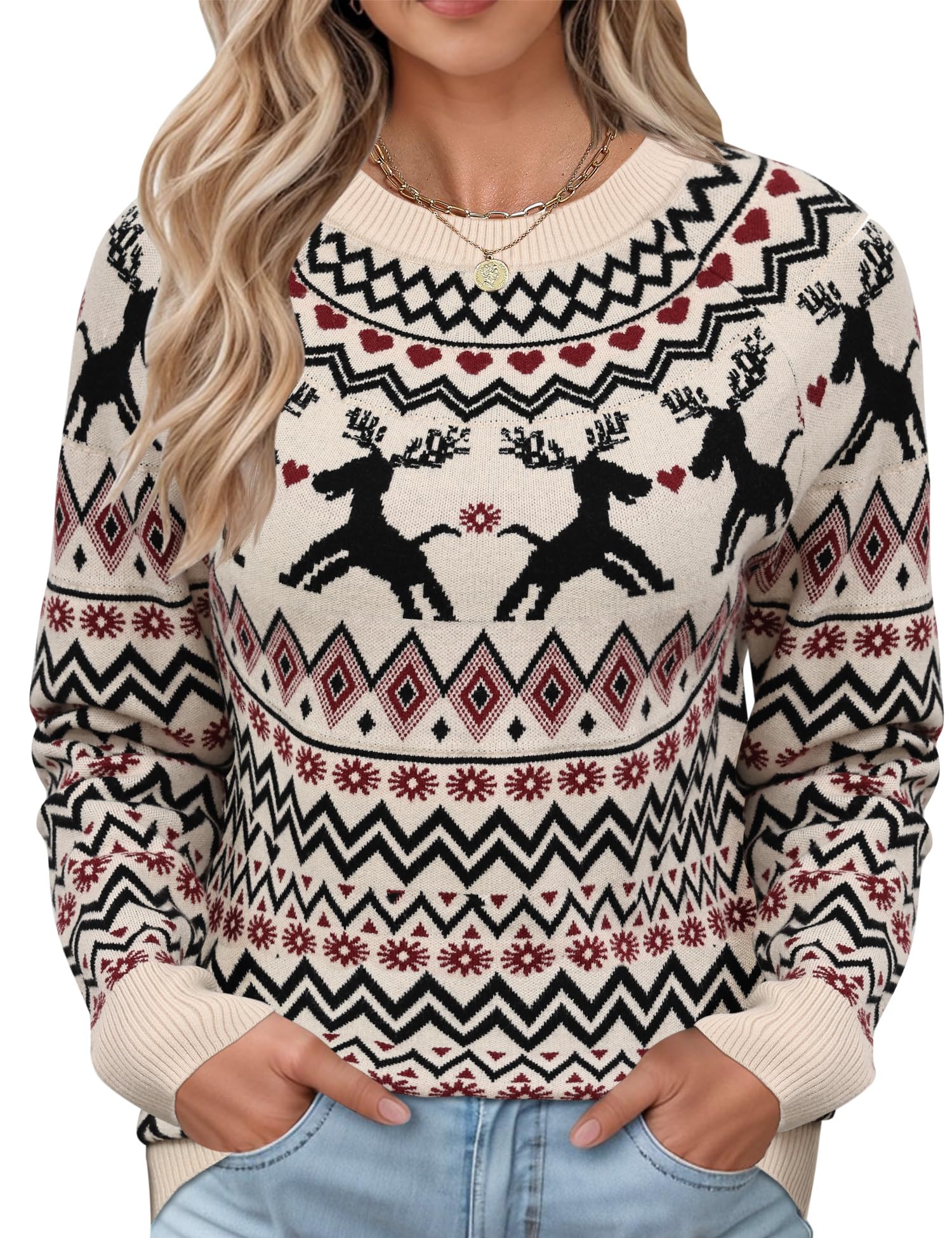 LOMON Womens Casual Lightweight Vintage Fair Isle Sweater Raglan Sleeve Crew Neck Knitted Pullover Comfy Warm Fall Tops