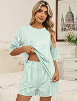 LOMON Two Piece Sets for Women Summer 3/4 Sleeve Tops and Elastic Waist Shorts Pajamas Cute Comfy Soft Lounge Striped Pjs