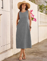 LOMON Summer Dresses for Women Cotton Casual Maxi Dress Beach Vacation Long Sundresses Plaid Striped with Pockets