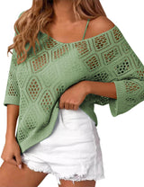 LOMON Womens 3/4 Sleeve Crochet Tops Off Shoulder Hollow Out Sweater V Neck Casual Loose Fit Beach Cover Up