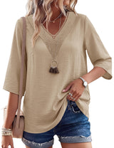 LOMON Women's 3/4 Length Sleeve Boho Tops V Neck Lace Summer Outfits Dressy Casual Flowy Shirts Vacation Clothes Blouses