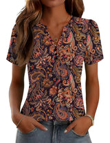 LOMON Womens Tops Dressy Casual V Neck Short Sleeve Shirts Summer Pleated Blouses Button Down Tunic Loose Fit