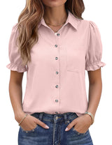 LOMON Linen Shirts for Women Puff Sleeve Button Down Summer Casual Cotton Linen Blouses Collared Work Tops Dressy