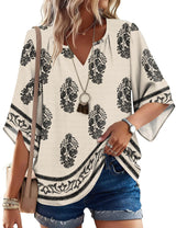 LOMON Women's 3/4 Length Sleeve Boho Tops V Neck Casual Vacation Clothes Loose Fit Tunic Shirts S-3XL