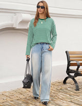 LOMON Striped Long Sleeve Shirt Women Y2k Oversized Crewneck Fall Spring Drop Shoulder Vintage Tops Teen Girl Clothes
