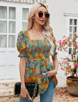 LOMON Women's Tunics Square Neck Puff Short Sleeve Smocked Top Ladies Peplum Blouse Tee Shirts 2025 Spring Summer S-XL