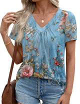 LOMON Womens Summer Tops Short Sleeve V Neck Pleated T-Shirts Loose Fit Dressy Casual Blouses S-XXL