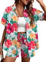 LOMON Women's 2 Piece Hawaiian Vacation Outfits Tropical Print Short Sleeve Shirts and Shorts Beach Sets Resort Wear