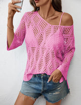LOMON Womens 3/4 Sleeve Crochet Tops Off Shoulder Hollow Out Sweater V Neck Casual Loose Fit Beach Cover Up