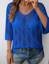 LOMON Womens 3/4 Sleeve Crochet Tops Off Shoulder Hollow Out Sweater V Neck Casual Loose Fit Beach Cover Up