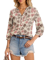 LOMON Womens Tops Dressy Summer 3/4 Length Sleeve Henley V Neck Button Down Shirts Pleated Blouses S-XXL