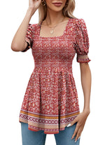 LOMON Women's Tunics Square Neck Puff Short Sleeve Smocked Top Ladies Peplum Blouse Tee Shirts 2025 Spring Summer S-XL