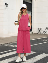 LOMON Two Piece Sets for Women Summer Outfits Sleeveless Tank Tops Wide Leg Crop Pants Matching Lounge Vacation Travel