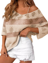 LOMON Womens 3/4 Sleeve Crochet Tops Off Shoulder Hollow Out Sweater V Neck Casual Loose Fit Beach Cover Up