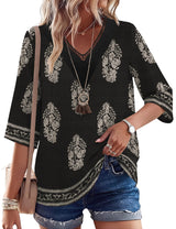 LOMON Women's 3/4 Length Sleeve Boho Tops V Neck Lace Summer Outfits Dressy Casual Flowy Shirts Vacation Clothes Blouses