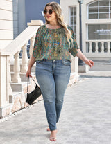 LOMON Womens Plus Size Tops Summer 3/4 Length Sleeve Crewneck Blouses Dressy Casual Loose Curvy Flowy Tunic Shirts 1X-5X