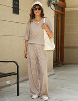 LOMON Women's 2 Piece Lounge Pajama Sets Soft 3/4 Sleeve Tops and Wide Leg Pants Loose Casual Outfits with Pockets