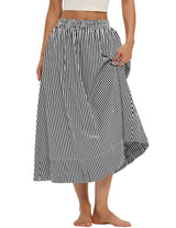 LOMON Midi Skirts for Women A-Line Cotton Flowy Maxi Skirt Boho Summer Beach Casual Elastic Waist Dress Outfit with Pockets