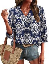 LOMON Womens 3/4 Sleeve V Neck Boho Peasant Blouses Dressy Casual Breathable Soft Tunic Tops with Button Cuffs