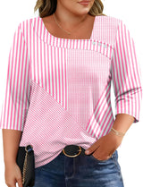 LOMON Womens Plus Size Tops 3/4 Length Sleeve T Shirts Asymmetrical Neck Blouses for Women Fashion 2026