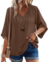 LOMON Women's 3/4 Length Sleeve Boho Tops V Neck Casual Vacation Clothes Loose Fit Tunic Shirts S-3XL
