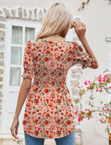 LOMON Women's Tunics Square Neck Puff Short Sleeve Smocked Top Ladies Peplum Blouse Tee Shirts 2025 Spring Summer S-XL