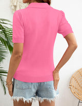LOMON Womens Puff Short Sleeve Polo Sweater V Neck Knitted Tops Casual Ribbed Shirt Pullover Blouse