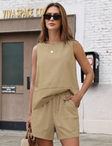 LOMON Women's Trendy 2 Piece Outfits Shorts Sets Summer Crew Neck Sleeveless Tank Top and Bottom Matching with Pockets 2026