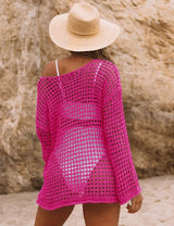 LOMON Womens Beach Cover Ups Long Sleeve Crochet Coverups for Swimwear Mesh Knit Swimsuit Cover Up XS-XXL