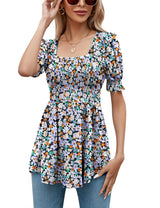 LOMON Women's Tunics Square Neck Puff Short Sleeve Smocked Top Ladies Peplum Blouse Tee Shirts 2025 Spring Summer S-XL