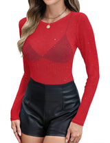 LOMON Womens Mesh Tops Lace Shirts Long Sleeve Crew Neck Sexy See Through Blouses Tee Party Club Night